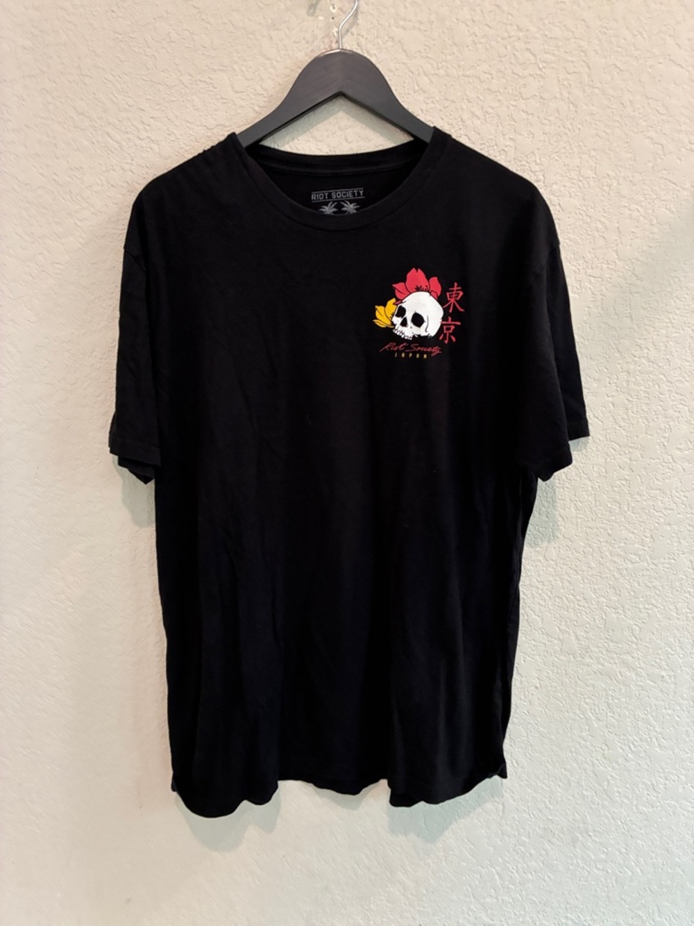 riot society Black Tee with Skull & Floral Chest Graphic